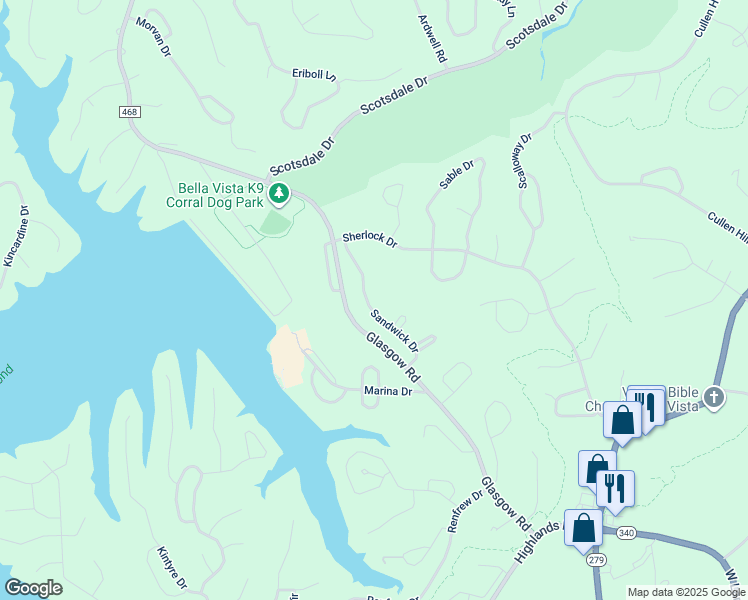 map of restaurants, bars, coffee shops, grocery stores, and more near 34 Sandwick Drive in Bella Vista