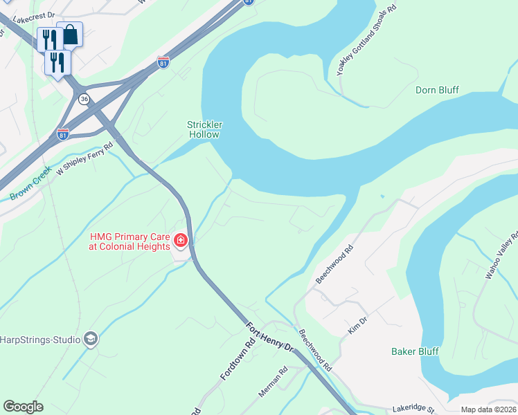 map of restaurants, bars, coffee shops, grocery stores, and more near 3508 Lakeshore Drive in Kingsport