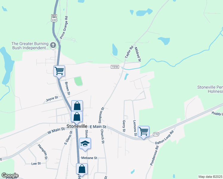 map of restaurants, bars, coffee shops, grocery stores, and more near 207 Simpson Street in Stoneville