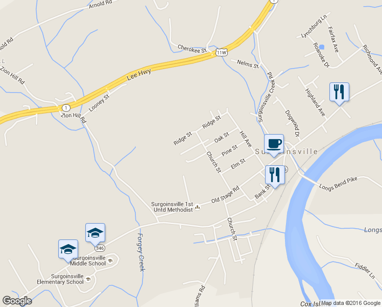 map of restaurants, bars, coffee shops, grocery stores, and more near 115 Goodson Street in Surgoinsville