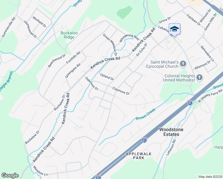 map of restaurants, bars, coffee shops, grocery stores, and more near 304 Claymore Drive in Kingsport
