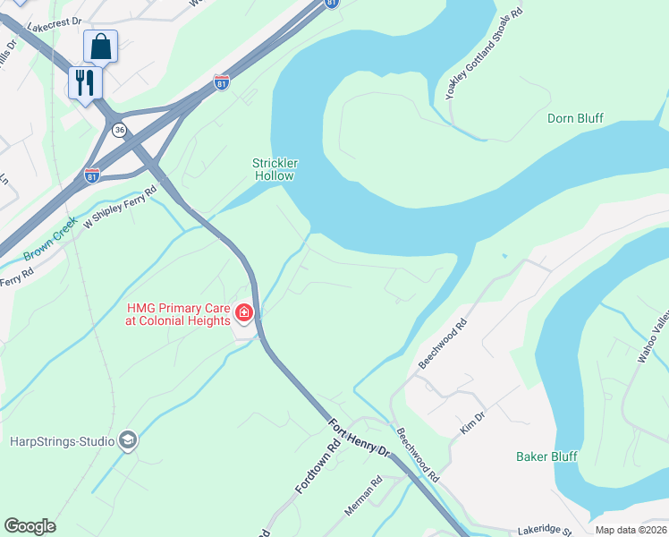map of restaurants, bars, coffee shops, grocery stores, and more near 3508 Lakeshore Drive in Kingsport