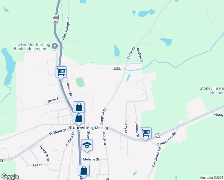 map of restaurants, bars, coffee shops, grocery stores, and more near 207 Simpson Street in Stoneville