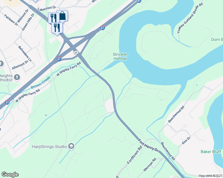 map of restaurants, bars, coffee shops, grocery stores, and more near Fort Henry Drive in Kingsport