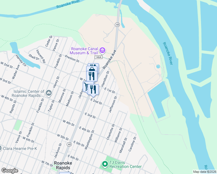 map of restaurants, bars, coffee shops, grocery stores, and more near 81 Washington Street in Roanoke Rapids