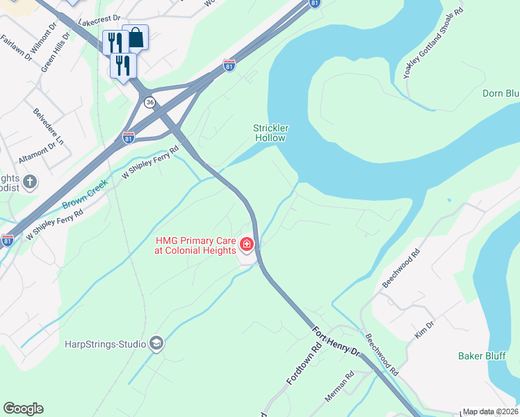 map of restaurants, bars, coffee shops, grocery stores, and more near 4837 Fort Henry Drive in Kingsport