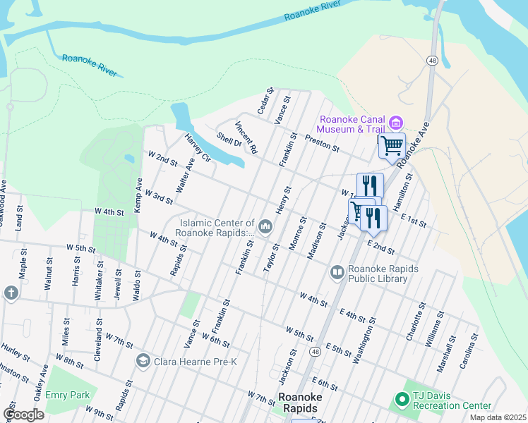 map of restaurants, bars, coffee shops, grocery stores, and more near 228 Franklin Street in Roanoke Rapids