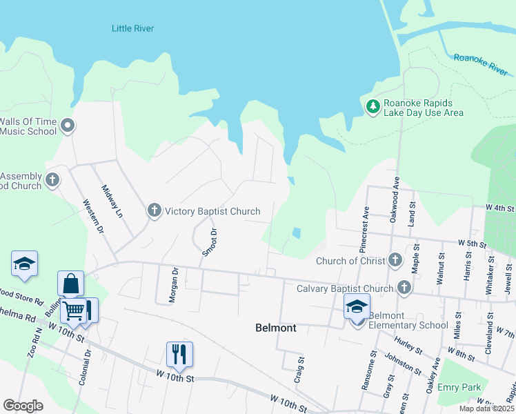 map of restaurants, bars, coffee shops, grocery stores, and more near 103 Moore Drive in Roanoke Rapids