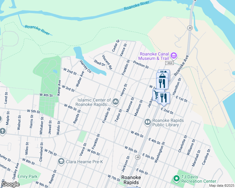 map of restaurants, bars, coffee shops, grocery stores, and more near 212 Franklin Street in Roanoke Rapids