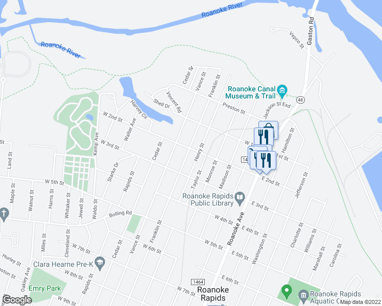 map of restaurants, bars, coffee shops, grocery stores, and more near 210 Franklin Street in Roanoke Rapids
