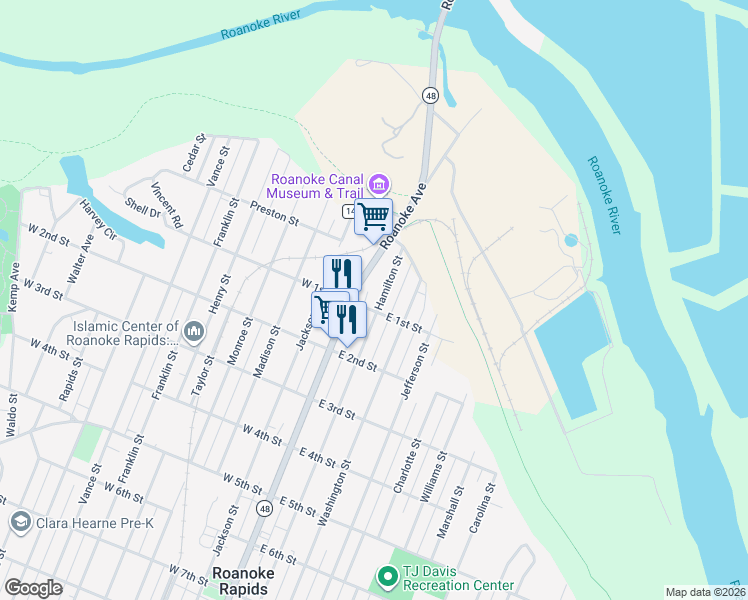 map of restaurants, bars, coffee shops, grocery stores, and more near 56 East 1st Street in Weldon