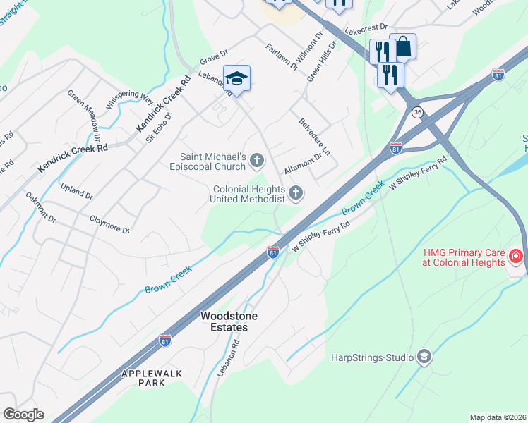 map of restaurants, bars, coffee shops, grocery stores, and more near 236 West Shipley Ferry Road in Blountville