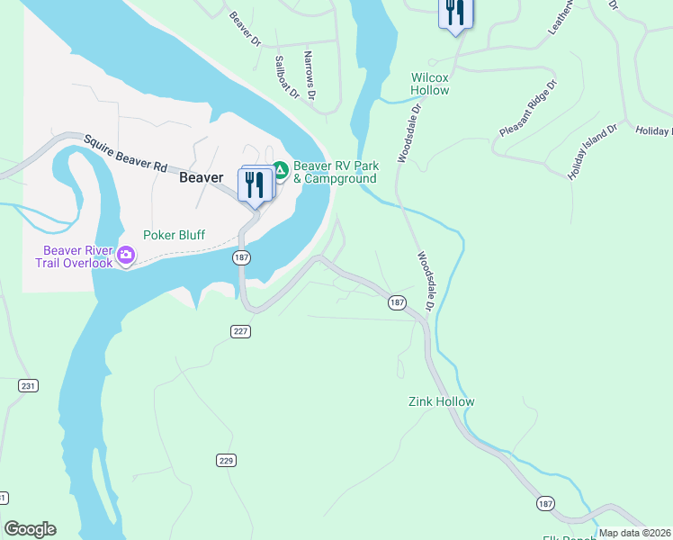 map of restaurants, bars, coffee shops, grocery stores, and more near State Highway 187 in Eureka Springs