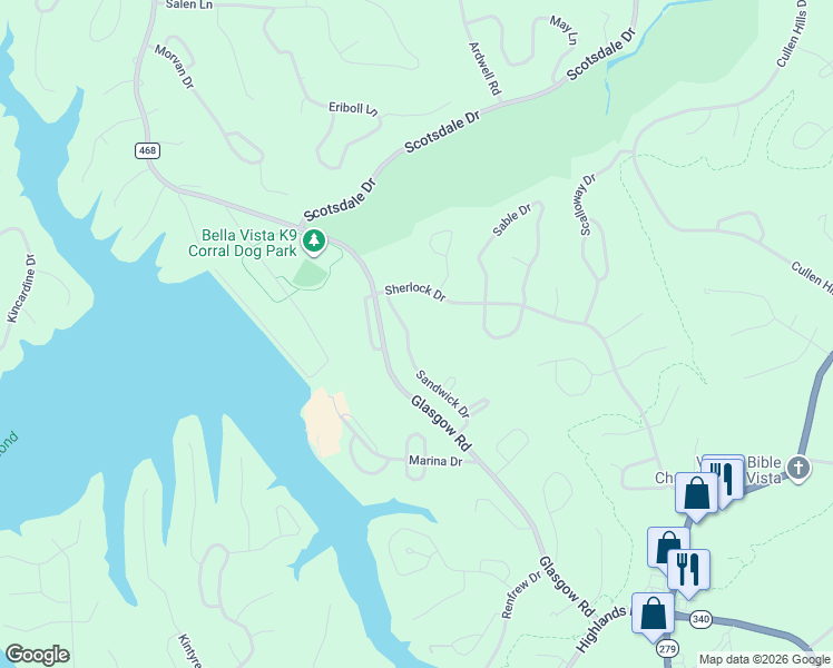 map of restaurants, bars, coffee shops, grocery stores, and more near 34 Sandwick Drive in Bella Vista