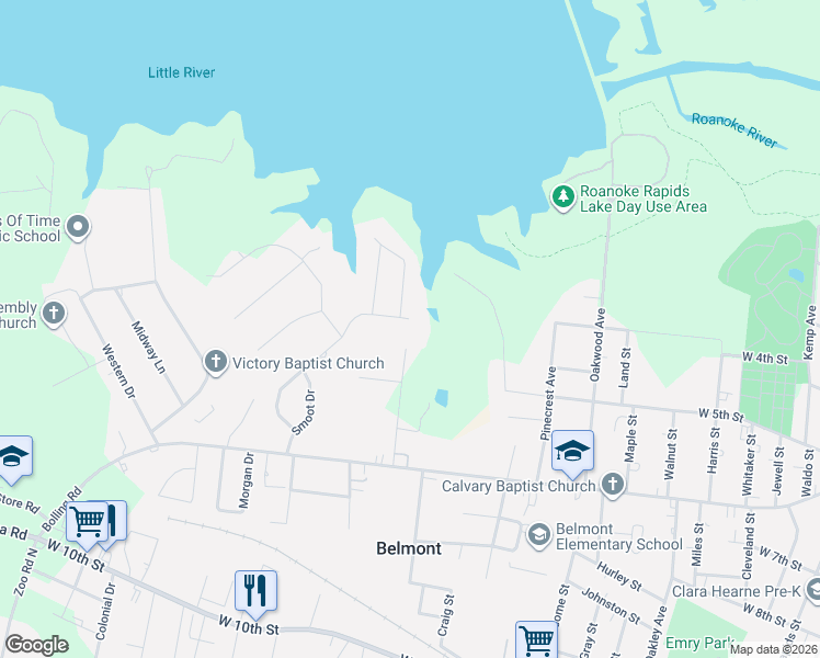 map of restaurants, bars, coffee shops, grocery stores, and more near 143 Mina Drive in Roanoke Rapids