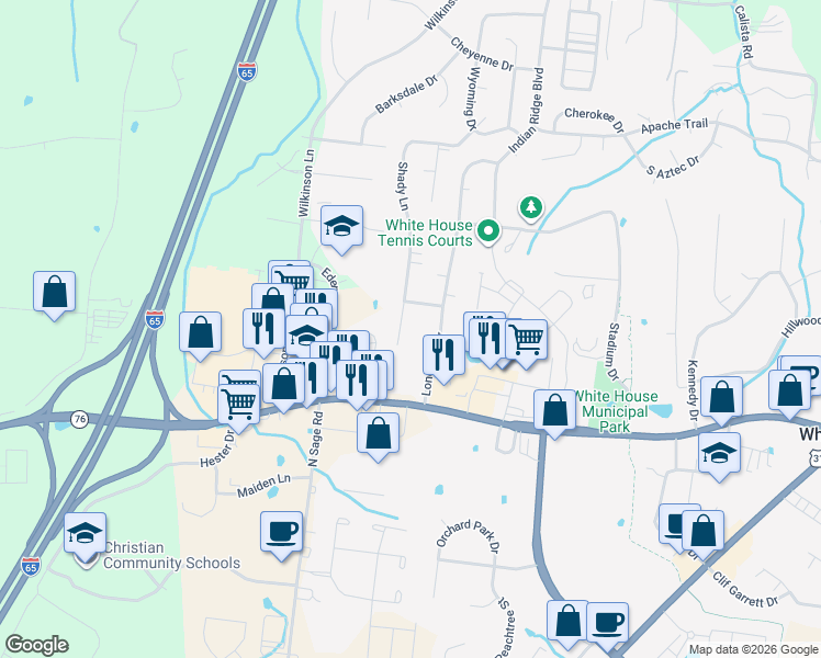 map of restaurants, bars, coffee shops, grocery stores, and more near 106 Shady Lane in White House
