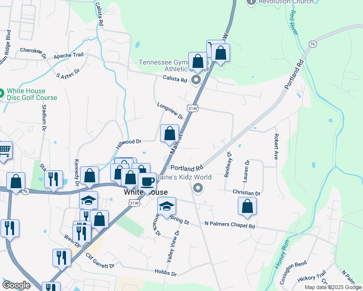 map of restaurants, bars, coffee shops, grocery stores, and more near 3318 U.S. 31W in White House