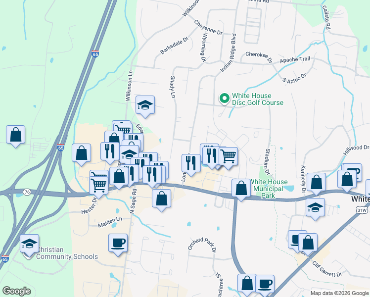 map of restaurants, bars, coffee shops, grocery stores, and more near 111 Lone Oak Drive in White House