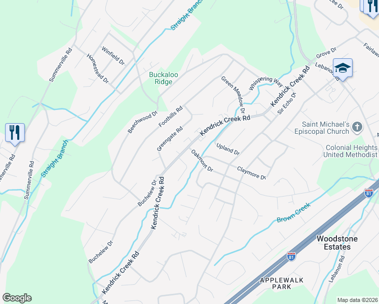 map of restaurants, bars, coffee shops, grocery stores, and more near 952 Kendrick Creek Road in Kingsport