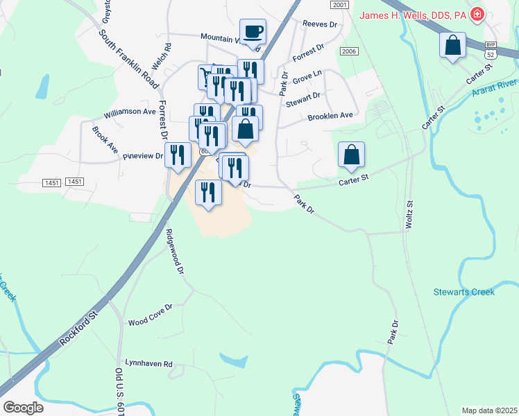 map of restaurants, bars, coffee shops, grocery stores, and more near 1200 Edgewood Place Lane in Mount Airy
