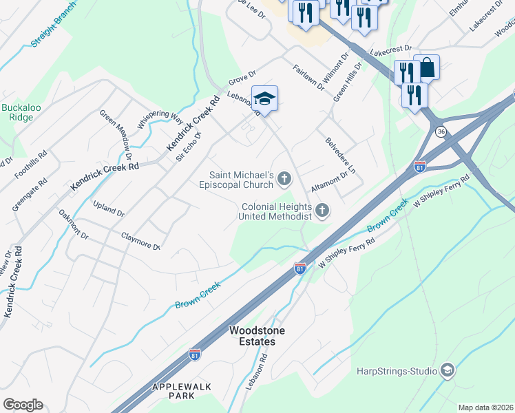map of restaurants, bars, coffee shops, grocery stores, and more near 605 Red Oak Plantation Drive in Kingsport
