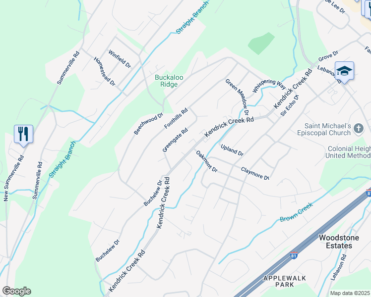 map of restaurants, bars, coffee shops, grocery stores, and more near 952 Kendrick Creek Road in Kingsport