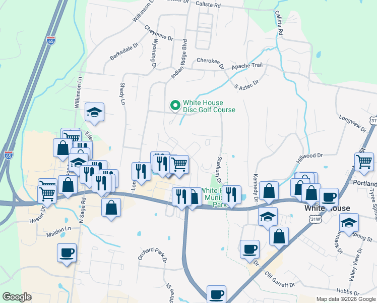 map of restaurants, bars, coffee shops, grocery stores, and more near Byrum Drive in White House