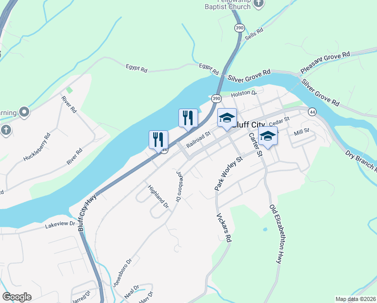 map of restaurants, bars, coffee shops, grocery stores, and more near 143 Main Street in Bluff City