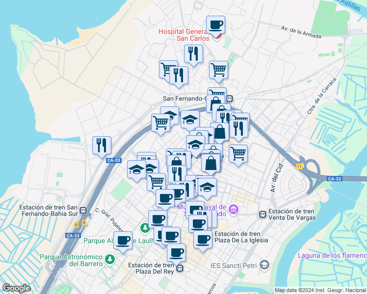 map of restaurants, bars, coffee shops, grocery stores, and more near 2 Calle Florencia in San Fernando