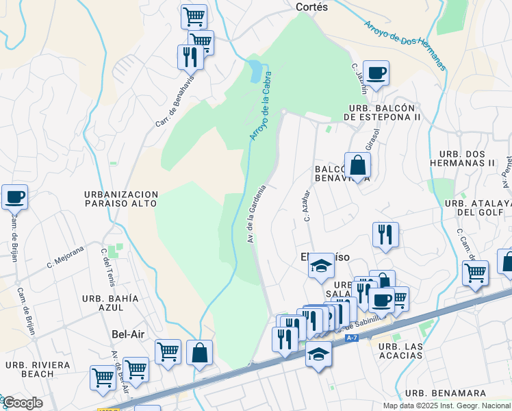 map of restaurants, bars, coffee shops, grocery stores, and more near 50 Avenida de la Gardenia in Estepona