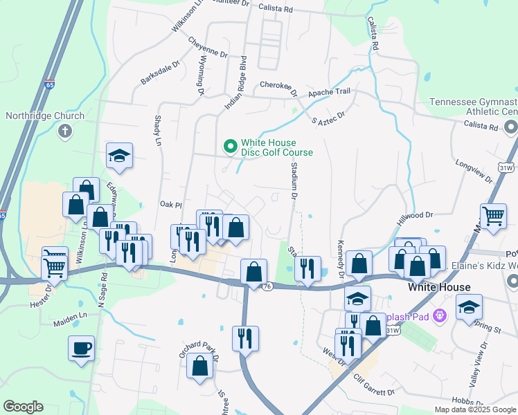 map of restaurants, bars, coffee shops, grocery stores, and more near 320 Stadium Drive in White House