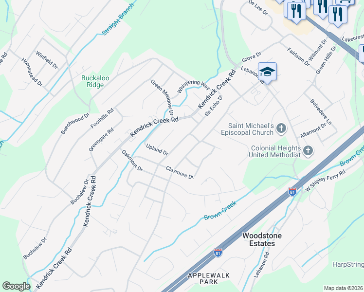 map of restaurants, bars, coffee shops, grocery stores, and more near 823 Sir Echo Drive in Kingsport