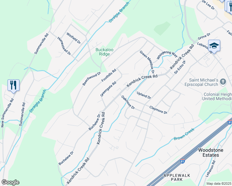 map of restaurants, bars, coffee shops, grocery stores, and more near 952 Kendrick Creek Road in Kingsport