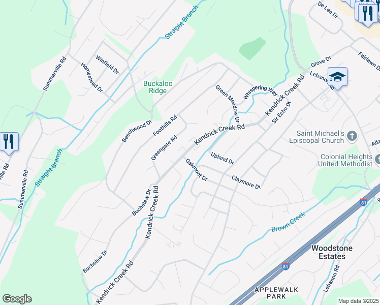 map of restaurants, bars, coffee shops, grocery stores, and more near 935 Kendrick Creek Road in Kingsport