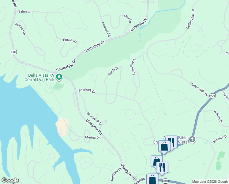 map of restaurants, bars, coffee shops, grocery stores, and more near 78 Sherlock Drive in Bella Vista