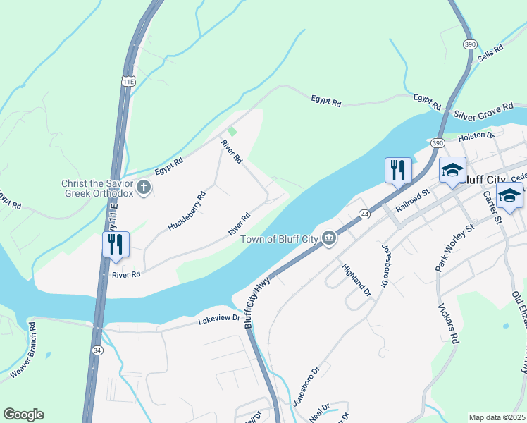 map of restaurants, bars, coffee shops, grocery stores, and more near 340 River Road in Bluff City