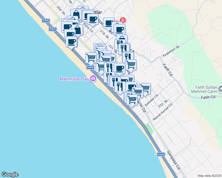 map of restaurants, bars, coffee shops, grocery stores, and more near 1 Zafer Caddesi in Alanya