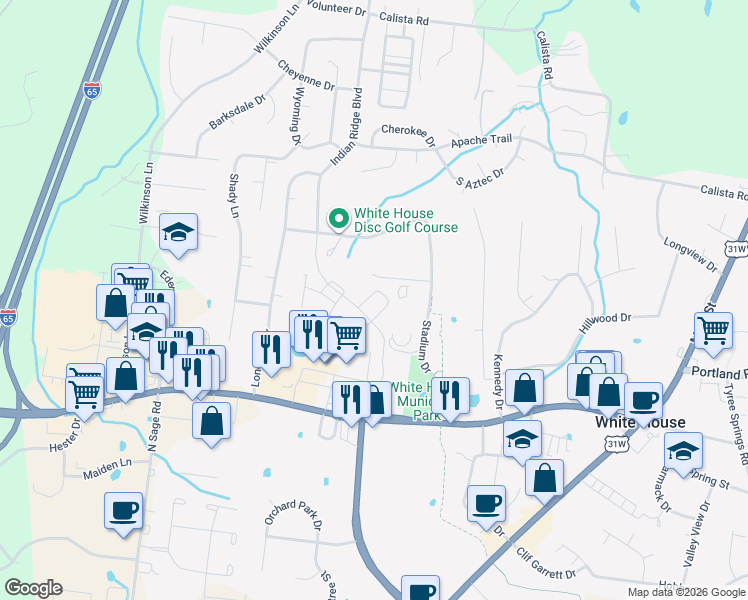 map of restaurants, bars, coffee shops, grocery stores, and more near Byrum Drive in White House
