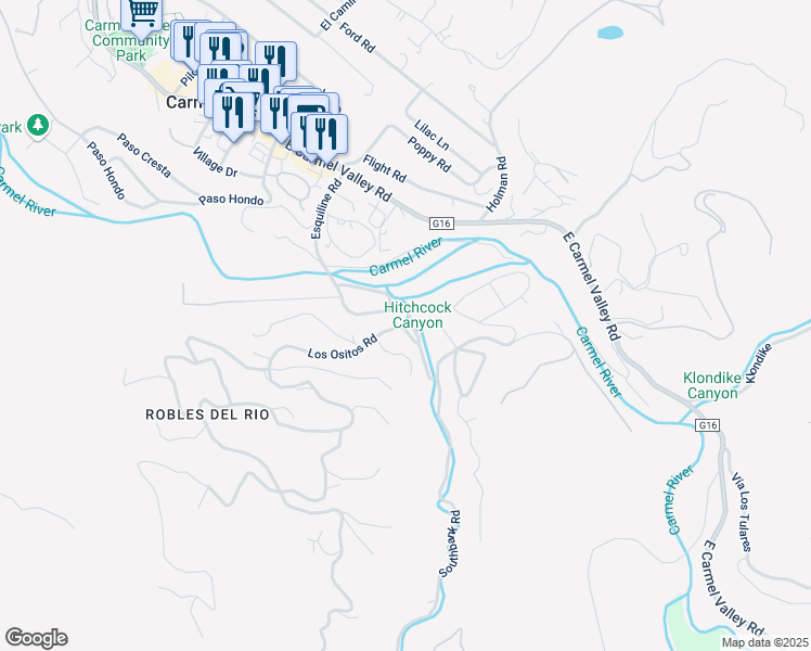 map of restaurants, bars, coffee shops, grocery stores, and more near 39 Los Ositos Road in Carmel Valley