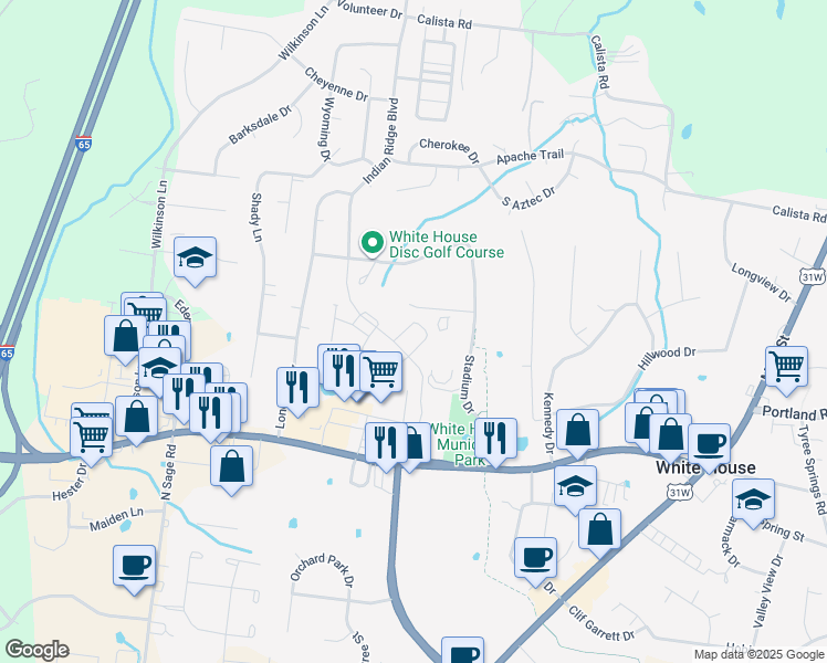 map of restaurants, bars, coffee shops, grocery stores, and more near Byrum Drive in White House