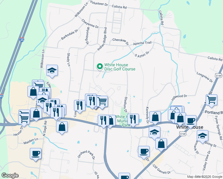 map of restaurants, bars, coffee shops, grocery stores, and more near Byrum Drive in White House