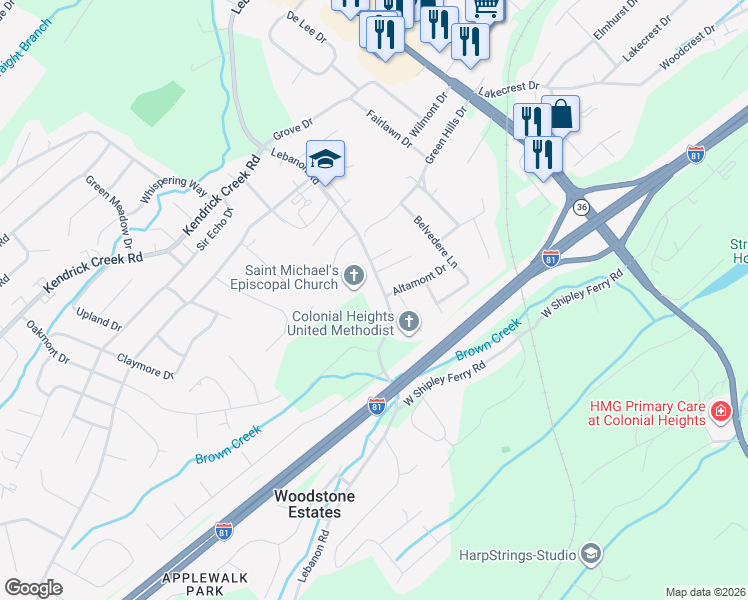 map of restaurants, bars, coffee shops, grocery stores, and more near 600 Lebanon Road in Kingsport