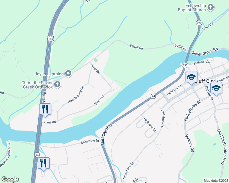 map of restaurants, bars, coffee shops, grocery stores, and more near 340 River Road in Bluff City