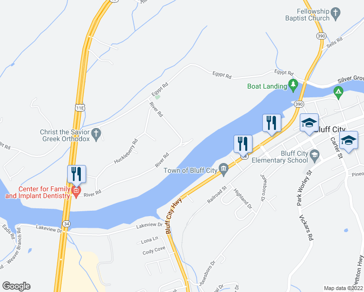 map of restaurants, bars, coffee shops, grocery stores, and more near 340 River Road in Bluff City