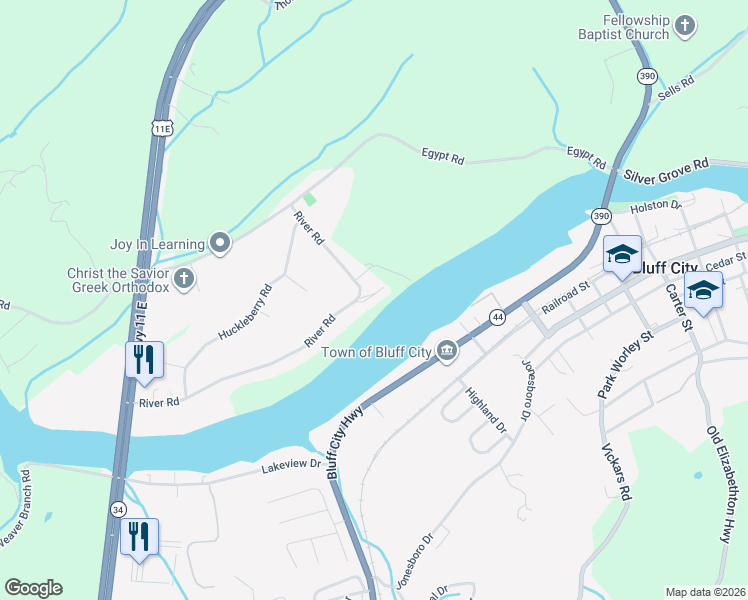 map of restaurants, bars, coffee shops, grocery stores, and more near 340 River Road in Bluff City