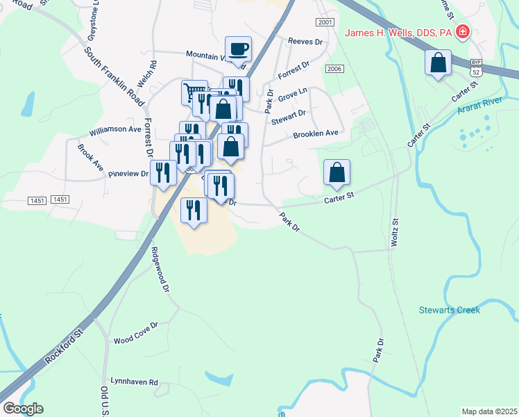 map of restaurants, bars, coffee shops, grocery stores, and more near 1200 Edgewood Place Lane in Mount Airy