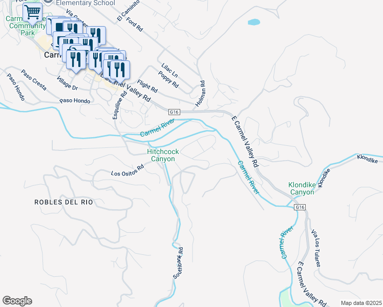 map of restaurants, bars, coffee shops, grocery stores, and more near 50 El Potrero in Carmel Valley