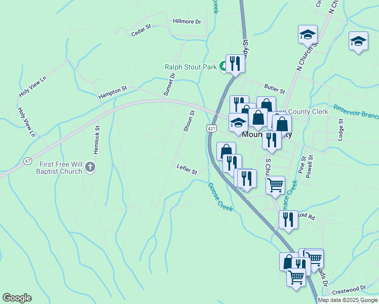 map of restaurants, bars, coffee shops, grocery stores, and more near 219 Shoun Street in Mountain City
