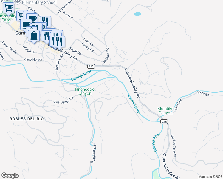 map of restaurants, bars, coffee shops, grocery stores, and more near 15 El Potrero in Carmel Valley