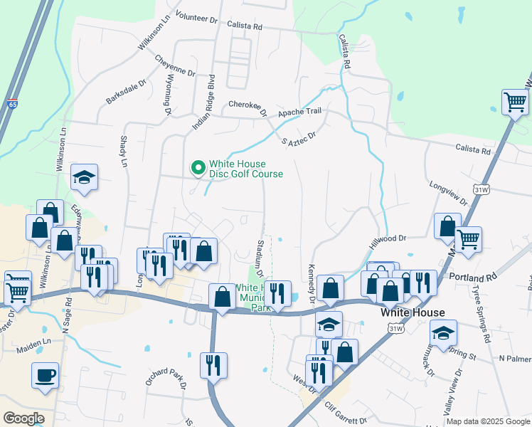 map of restaurants, bars, coffee shops, grocery stores, and more near 320 Stadium Drive in White House
